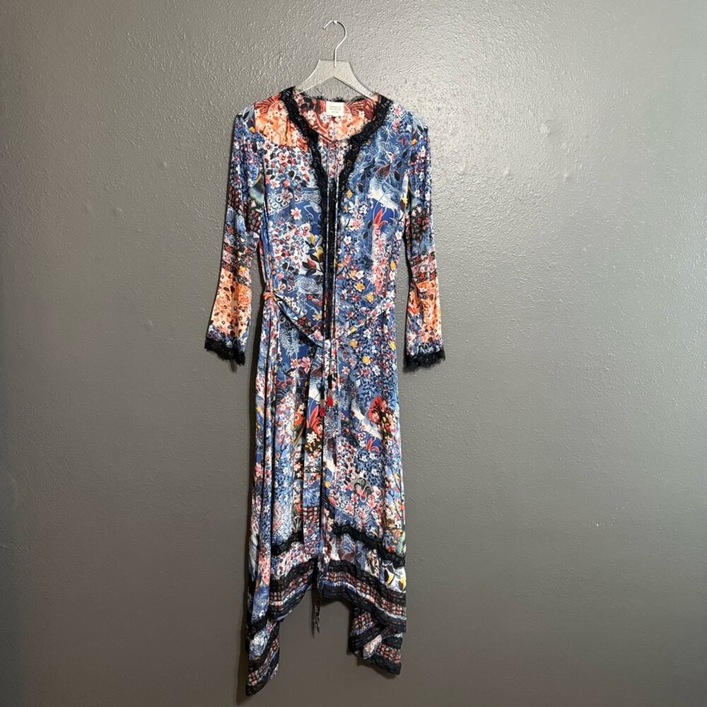 Hemant & Nandita 100% Silk Blue Floral Lace Trim Long Sleeve Maxi Dress Size M